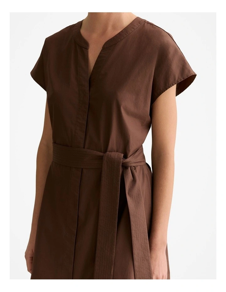 Cotton Poplin Cap Sleeve Belted Dress in Chocolate image 3