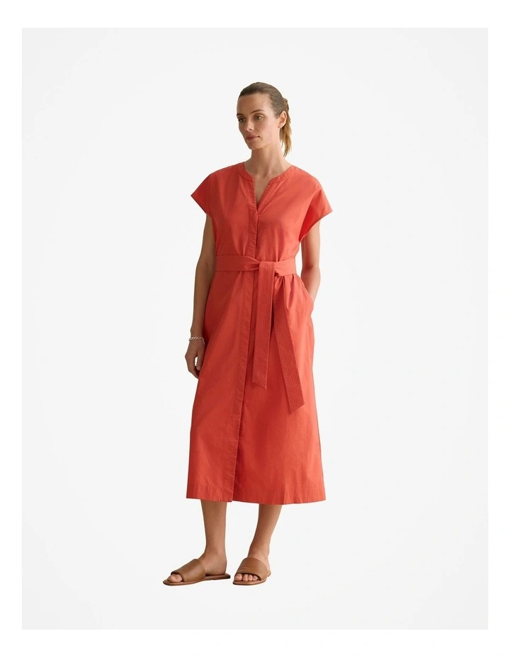 Cotton Poplin Cap Sleeve Belted Dress in Coral Red image 1