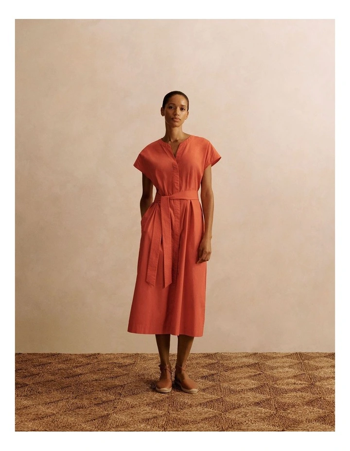 Cotton Poplin Cap Sleeve Belted Dress in Coral Red image 2