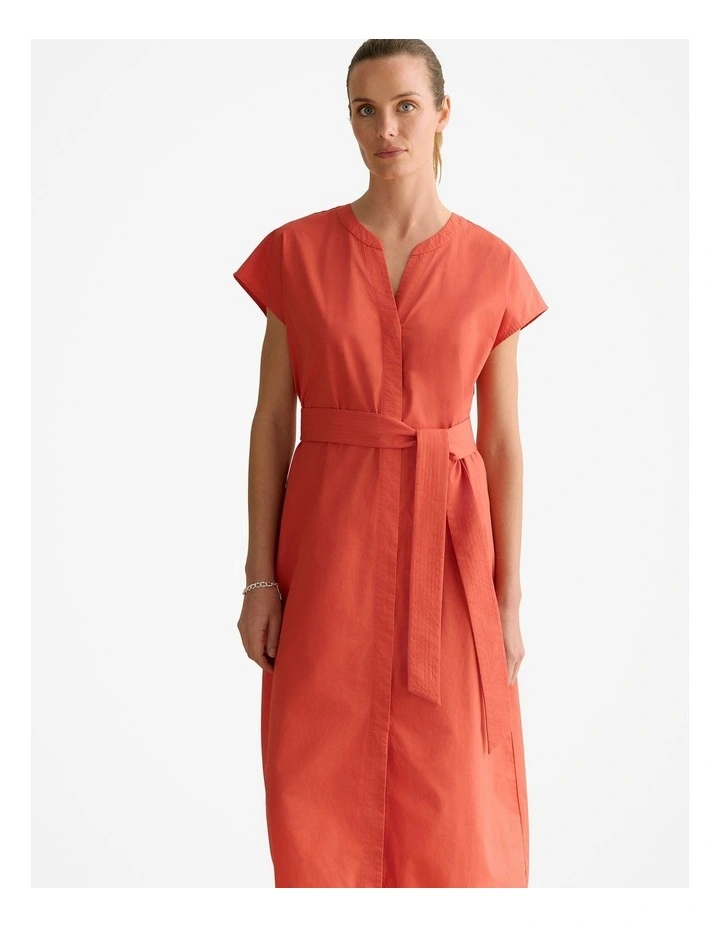 Cotton Poplin Cap Sleeve Belted Dress in Coral Red image 3