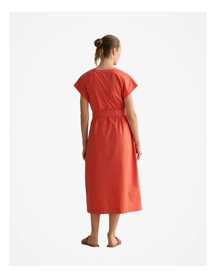 Cotton Poplin Cap Sleeve Belted Dress in Coral Red image 4