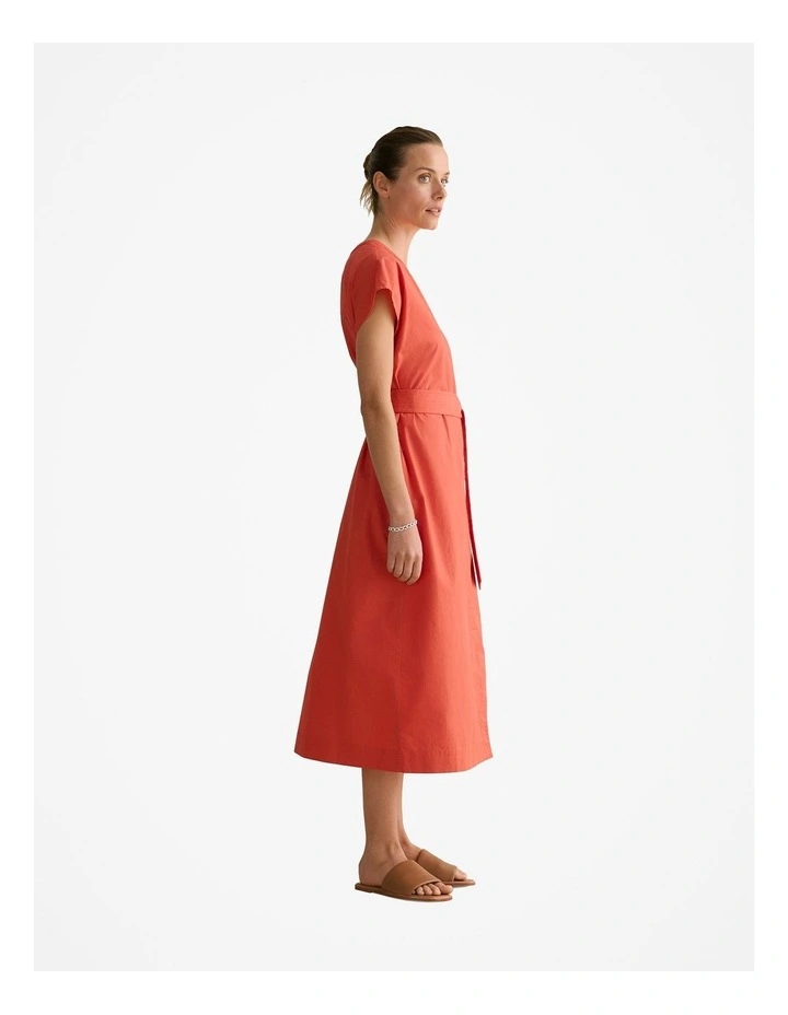 Cotton Poplin Cap Sleeve Belted Dress in Coral Red image 5
