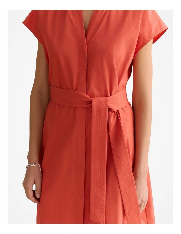 Cotton Poplin Cap Sleeve Belted Dress in Coral Red image 6