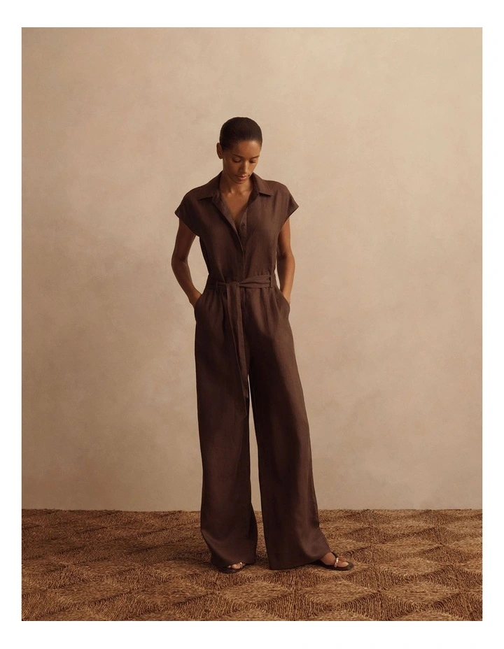 Linen Collared Wide Leg Jumpsuit in Chocolate image 2