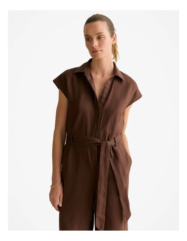 Linen Collared Wide Leg Jumpsuit in Chocolate image 3