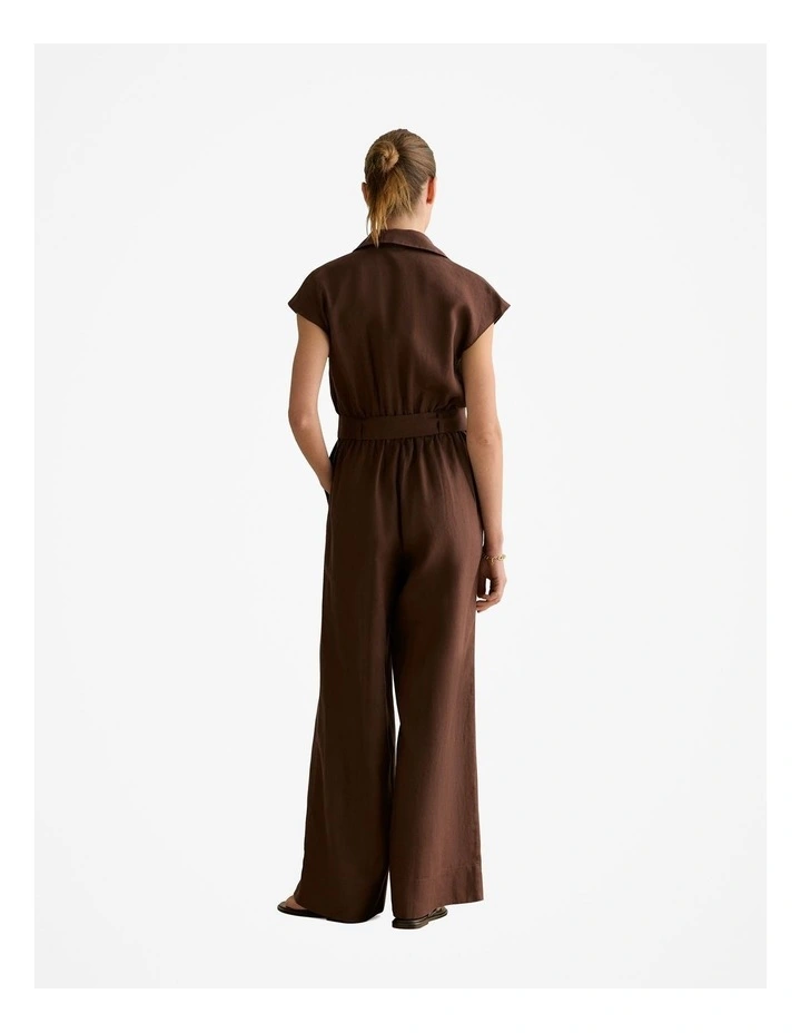 Linen Collared Wide Leg Jumpsuit in Chocolate image 4