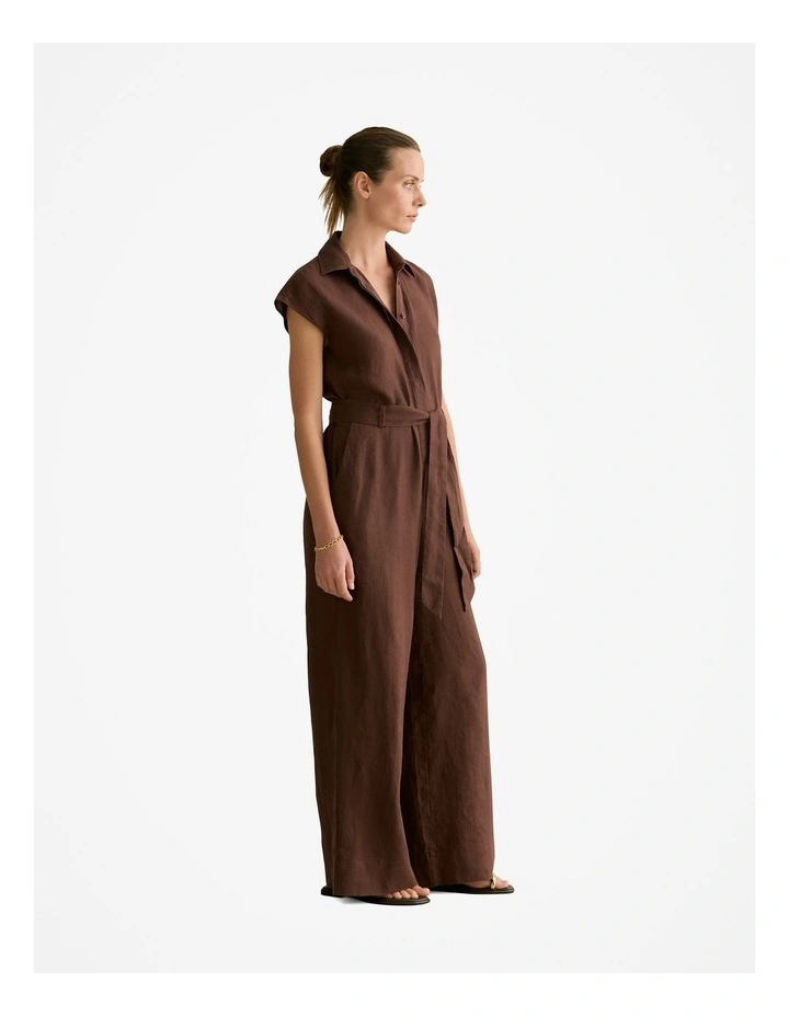 Linen Collared Wide Leg Jumpsuit in Chocolate image 5