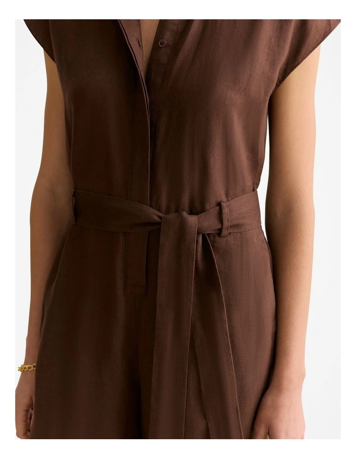 Linen Collared Wide Leg Jumpsuit in Chocolate image 6