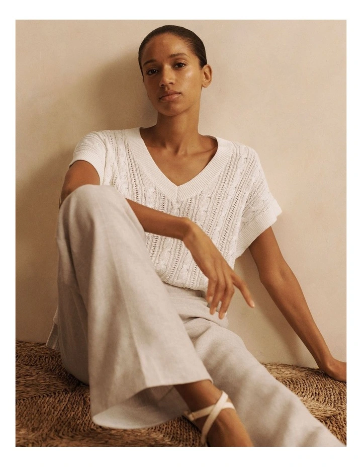 Mercerised Cable Knit Relaxed V Neck Top in Chalk image 2