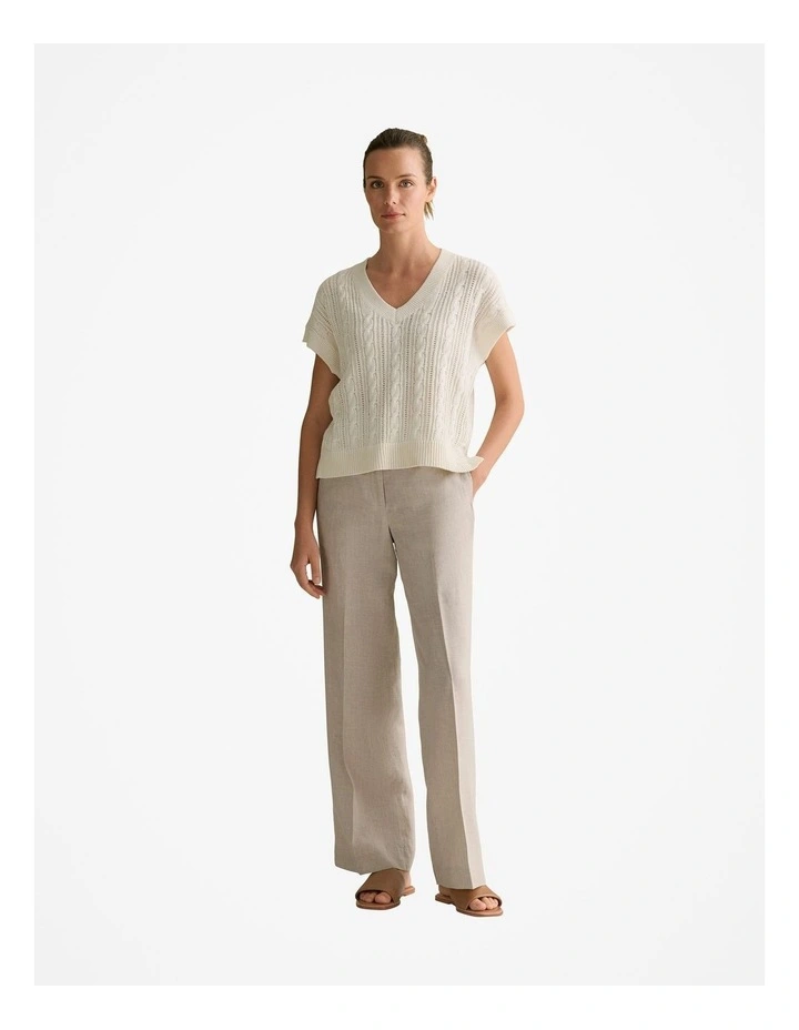 Mercerised Cable Knit Relaxed V Neck Top in Chalk image 3