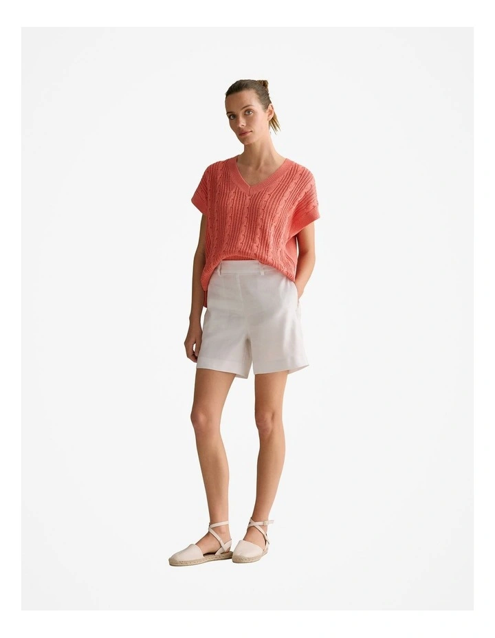 Mercerised Cable Knit Relaxed V Neck Top in Peach Pink image 2