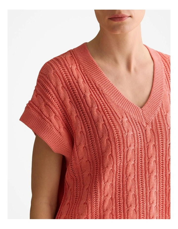Mercerised Cable Knit Relaxed V Neck Top in Peach Pink image 3