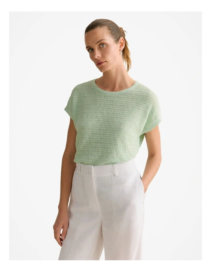 Linen Cotton Cable Knit T-shirt in Cool Fern image 1