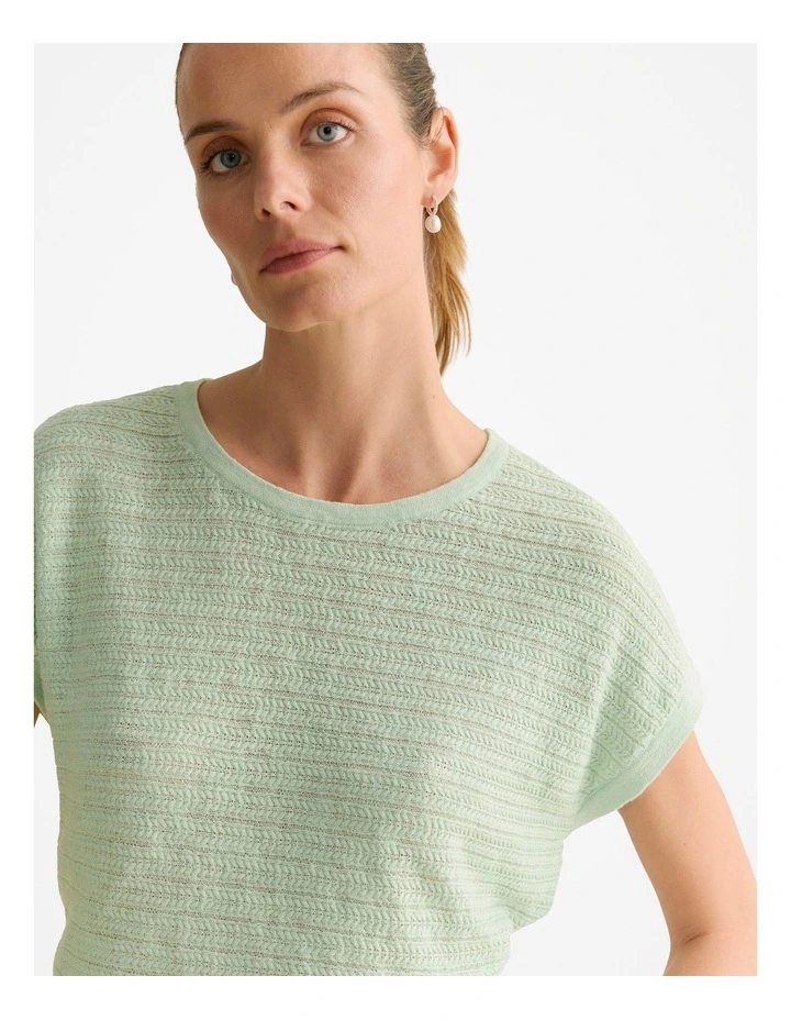 Linen Cotton Cable Knit T-shirt in Cool Fern image 3