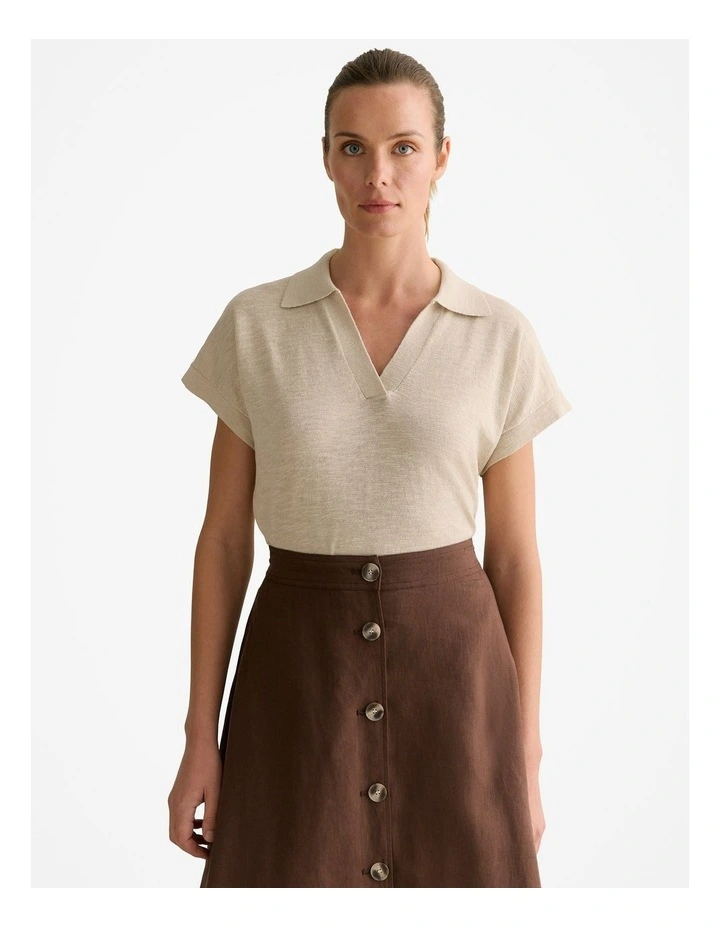 Linen Cotton Knit Relaxed Polo Top in Oatmeal image 1