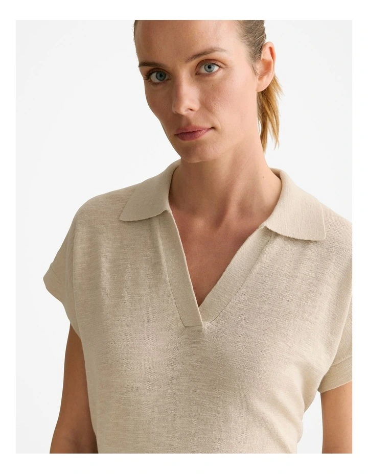 Linen Cotton Knit Relaxed Polo Top in Oatmeal image 3