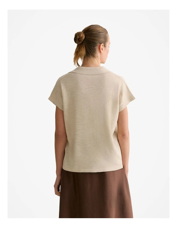 Linen Cotton Knit Relaxed Polo Top in Oatmeal image 4
