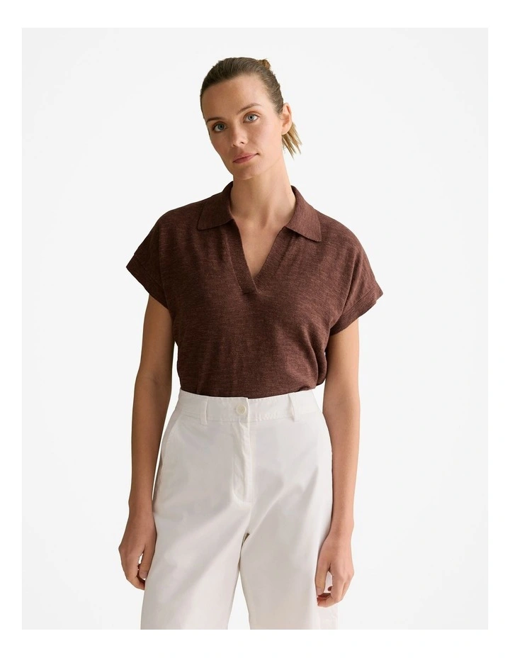 Linen Cotton Knit Relaxed Polo Top in Chocolate image 1