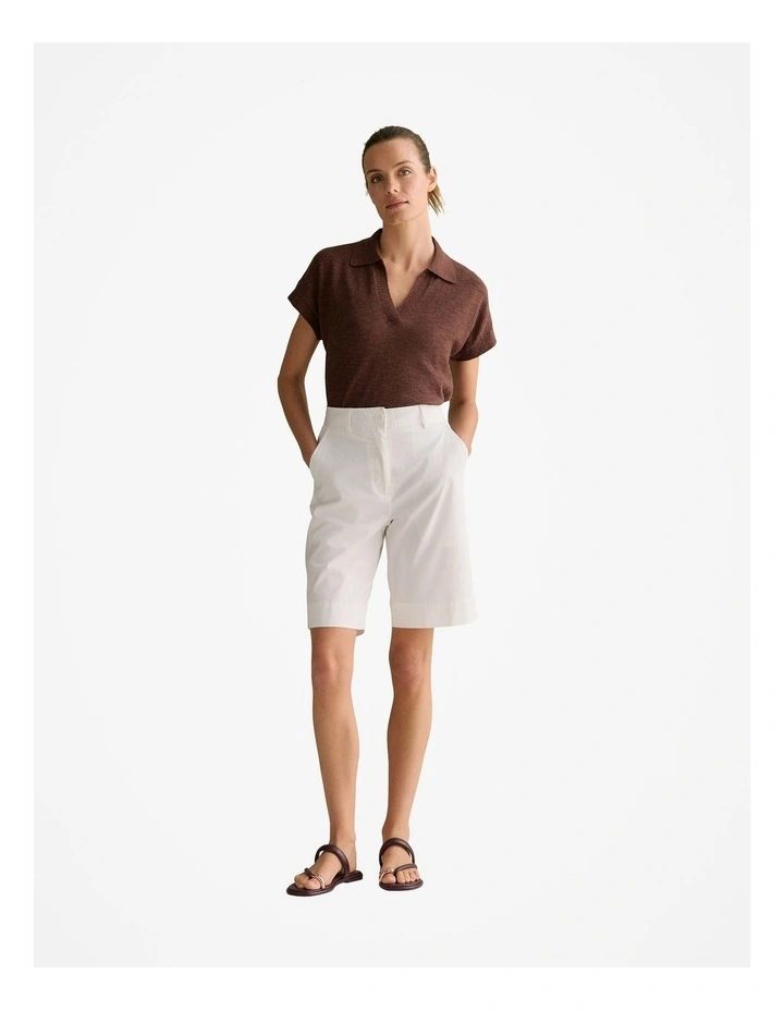 Linen Cotton Knit Relaxed Polo Top in Chocolate image 2