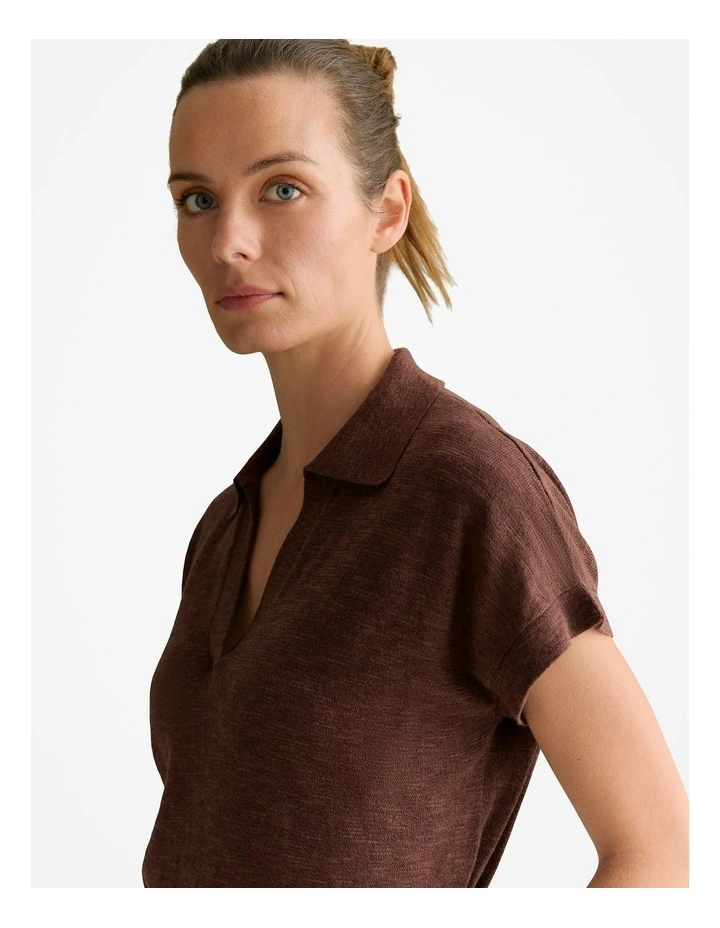 Linen Cotton Knit Relaxed Polo Top in Chocolate image 3