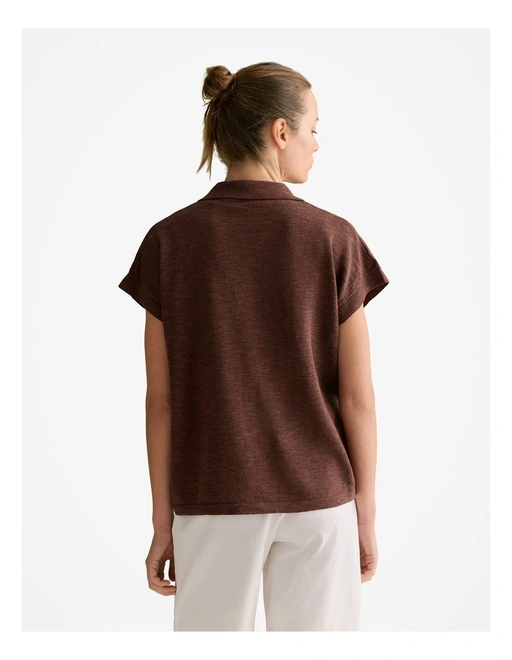 Linen Cotton Knit Relaxed Polo Top in Chocolate image 4