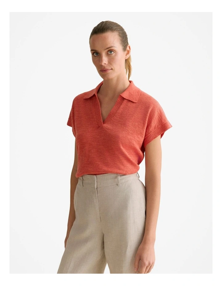 Linen Cotton Knit Relaxed Polo Top in Coral Red image 1
