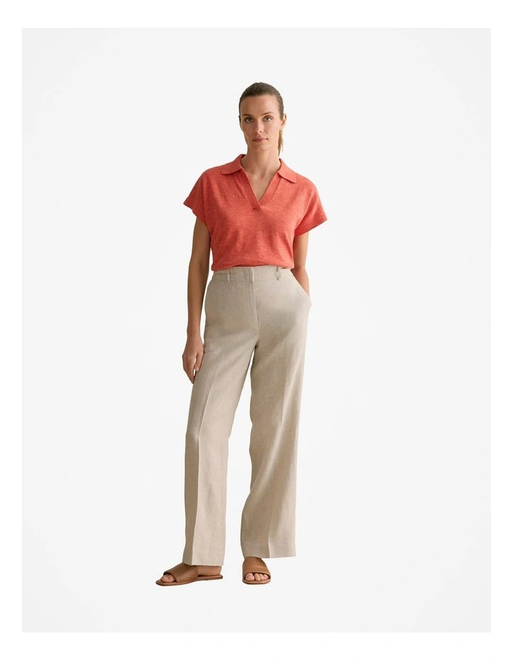 Linen Cotton Knit Relaxed Polo Top in Coral Red image 2