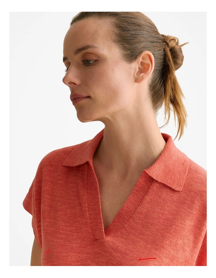 Linen Cotton Knit Relaxed Polo Top in Coral Red image 3