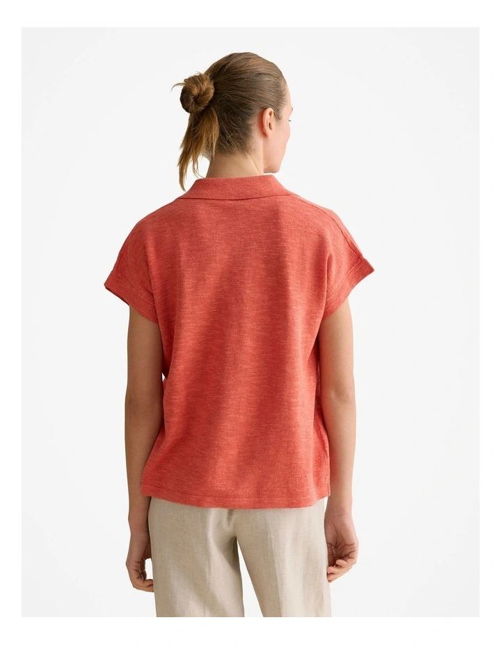 Linen Cotton Knit Relaxed Polo Top in Coral Red image 4