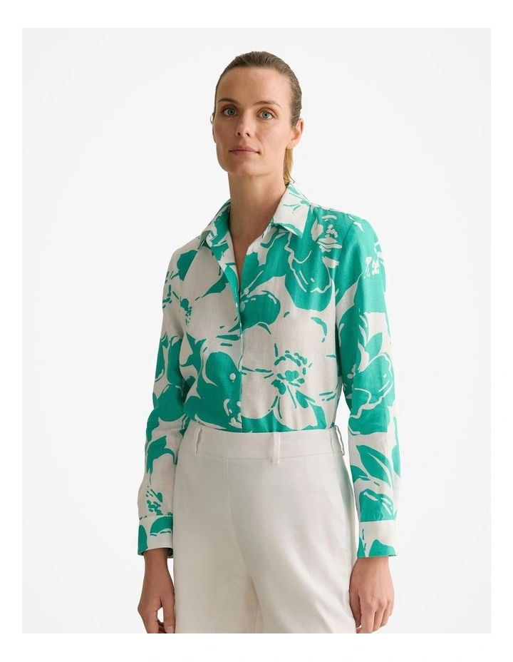 Linen Floral Long Sleeve Shirt in Jade image 1