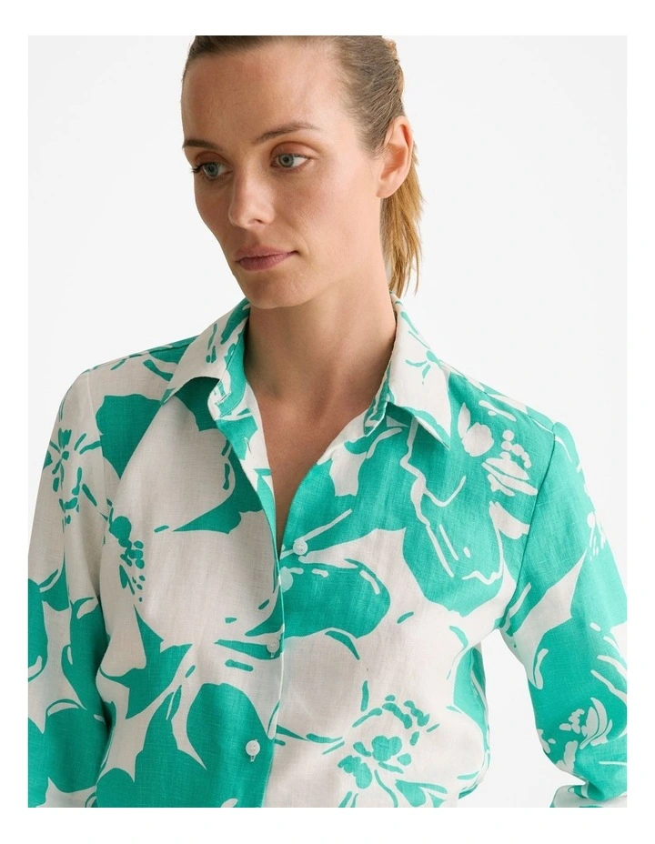Linen Floral Long Sleeve Shirt in Jade image 3