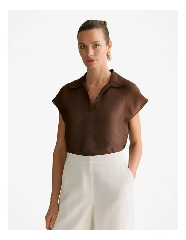 Linen Silk Crosshatch Collared Top in Chocolate image 1