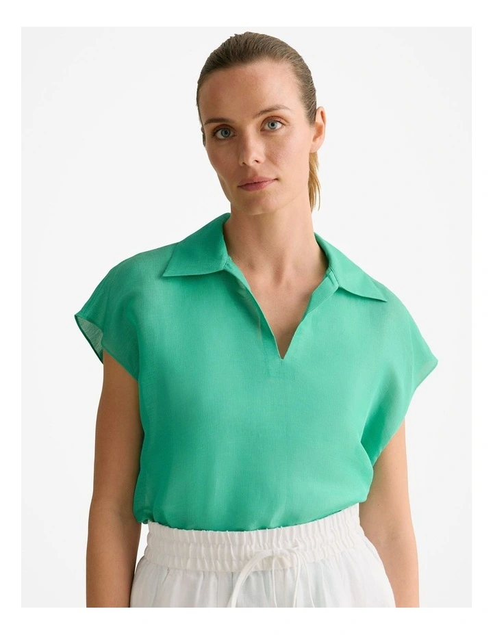 Linen Silk Crosshatch Collared Top in Jade image 1