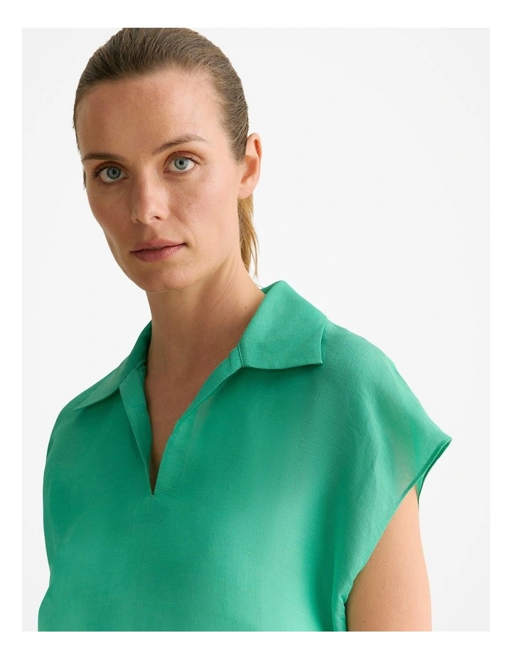 Linen Silk Crosshatch Collared Top in Jade image 3