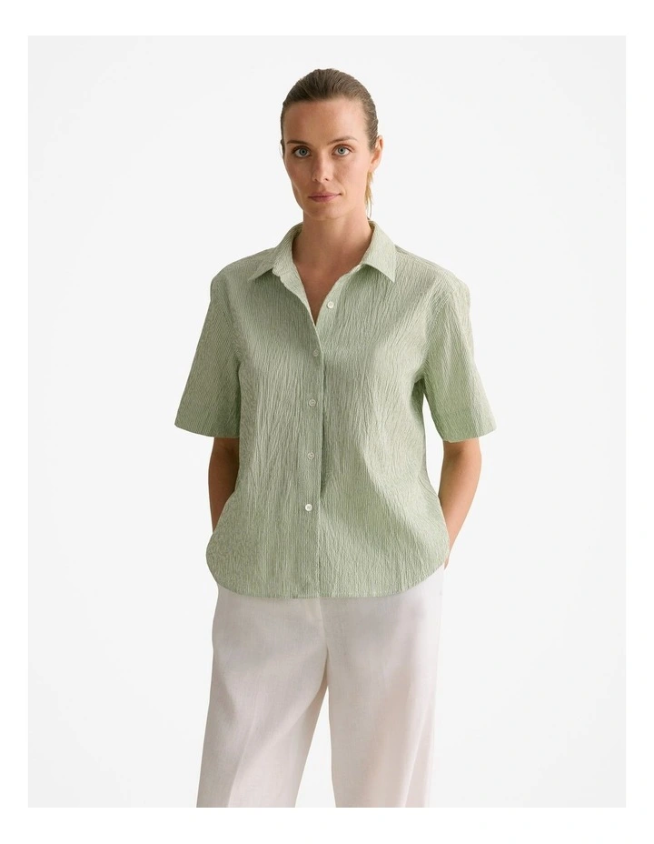 Yarn Dyed Seersucker Stripe Short Sleeve Shirt in Cool Fern image 1
