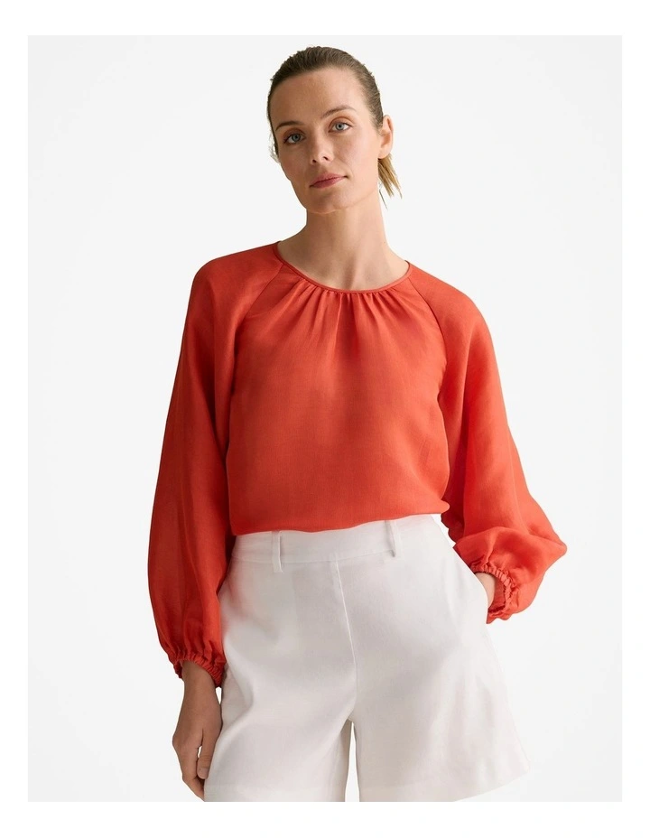 Linen Silk Crosshatch Gathered Blouse in Coral Red image 1