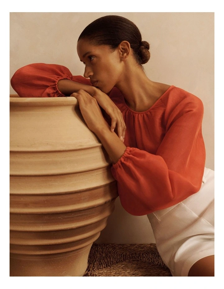 Linen Silk Crosshatch Gathered Blouse in Coral Red image 2