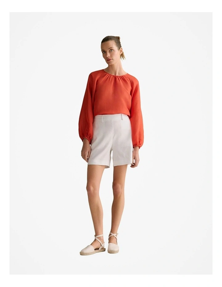Linen Silk Crosshatch Gathered Blouse in Coral Red image 3