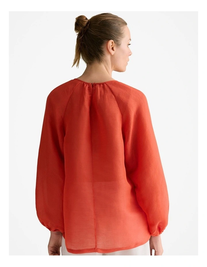 Linen Silk Crosshatch Gathered Blouse in Coral Red image 4