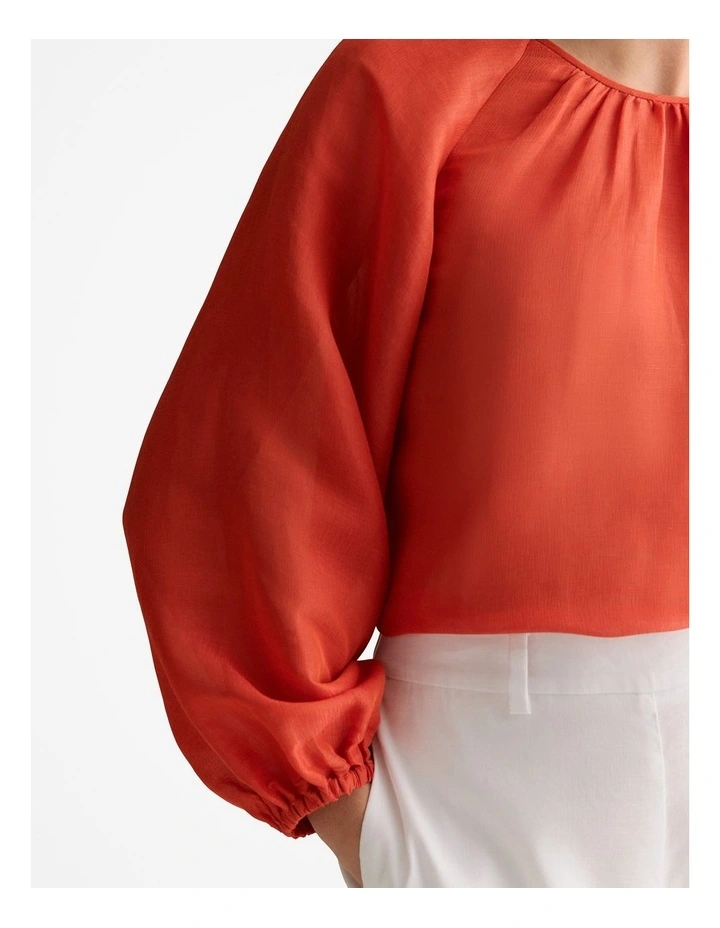 Linen Silk Crosshatch Gathered Blouse in Coral Red image 5