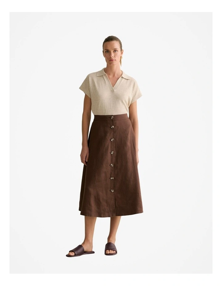 Linen Button Detail Skirt in Chocolate image 3