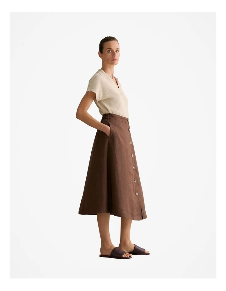 Linen Button Detail Skirt in Chocolate image 5