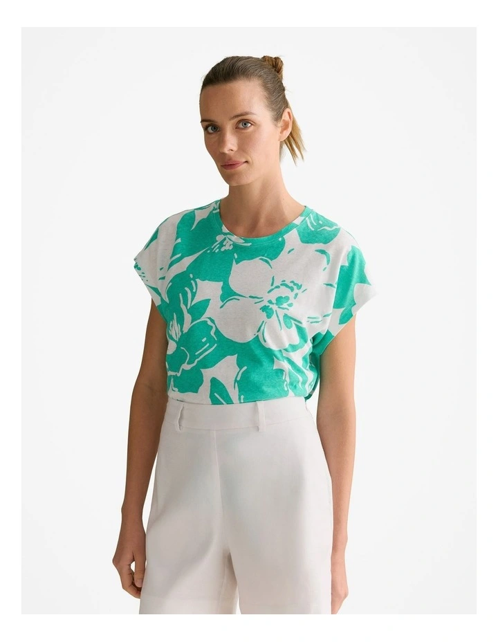Linen Cotton Floral Relaxed Cap Sleeve T-shirt in Jade image 1