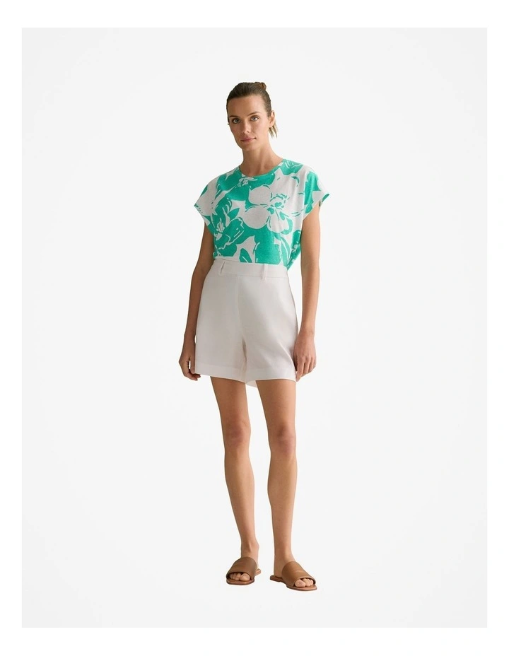 Linen Cotton Floral Relaxed Cap Sleeve T-shirt in Jade image 2