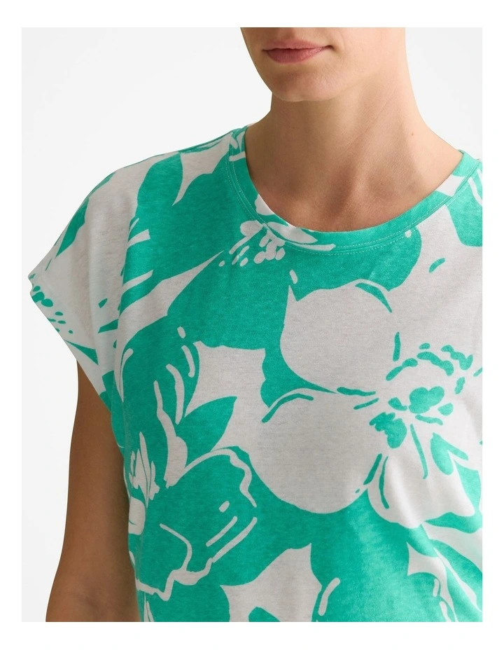 Linen Cotton Floral Relaxed Cap Sleeve T-shirt in Jade image 3