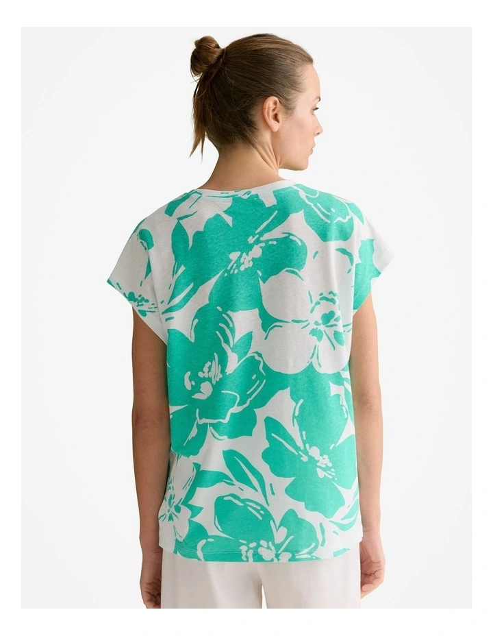 Linen Cotton Floral Relaxed Cap Sleeve T-shirt in Jade image 4