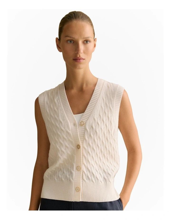 Merino Cashmere Cable Knit Vest in Ivory image 1