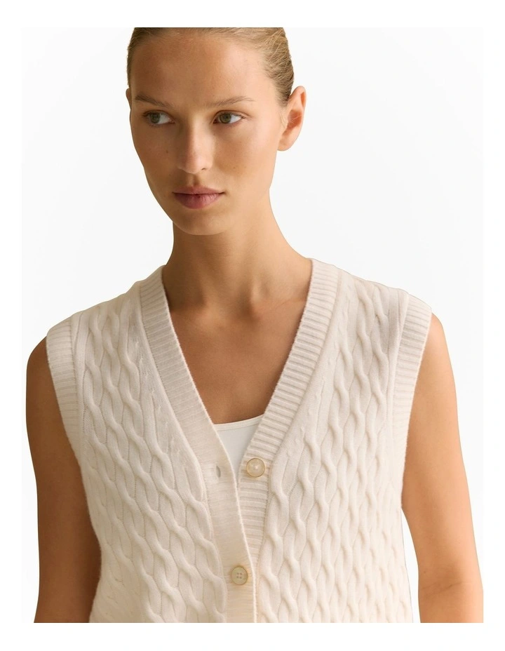 Merino Cashmere Cable Knit Vest in Ivory image 3