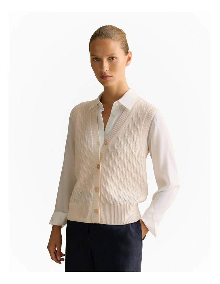 Merino Cashmere Cable Knit Vest in Ivory image 4