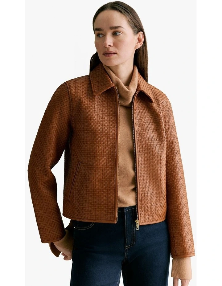 Woven Leather Jacket in Chestnut image 1